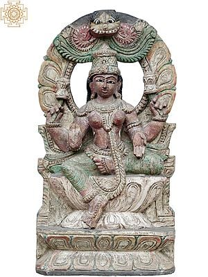18" Goddess Lakshmi On Lotus Wooden Statue