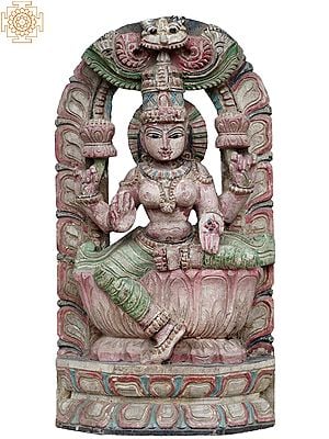 18" Goddess Lakshmi Seated On Lotus Wooden Statue