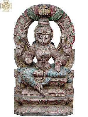 18" Goddess Lakshmi On Lotus | Wooden Statue
