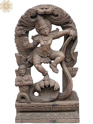 18" Lord Krishna Dancing On Kaliya Naag Wooden Statue