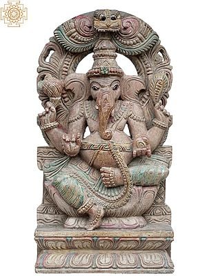 18" God Ganesha Wooden Statue on Lotus