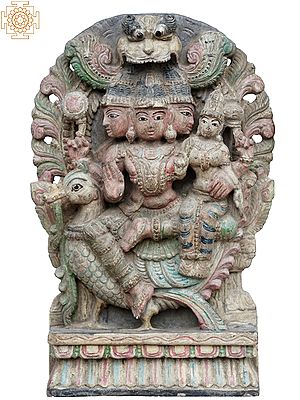 18" Lord Brahma And Lakshmi Seated On Hamsa | Wooden Statue