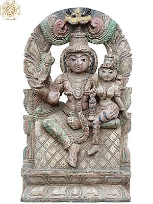 18" Lord Vishnu With Goddess Lakshmi Wooden Statue