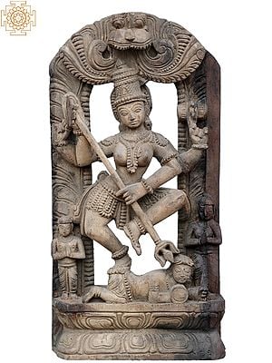 18" Goddess Kali Kills Mahishasura Wooden Statue