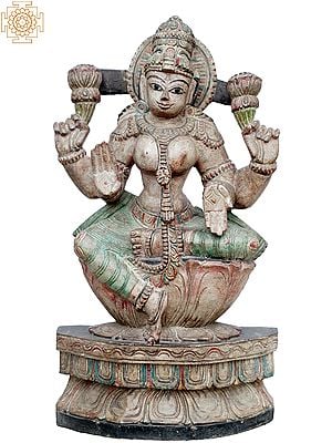 17" Goddess Lakshmi On Lotus | Wooden Statue