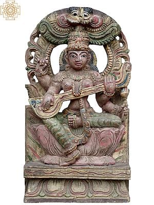 18" Goddess Saraswati Playing Sitar On Lotus Wooden Statue