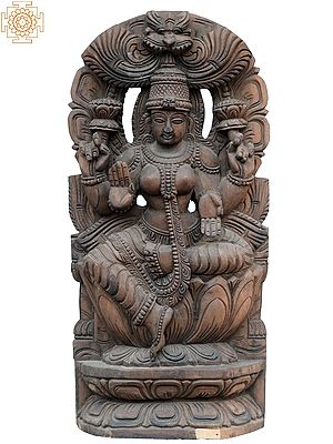 18" Wooden Statue of Devi Lakshmi on Lotus | Hindu Goddess Idols