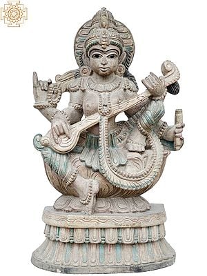 20" Goddess Saraswati Playing Sitar On Lotus Wooden Statue