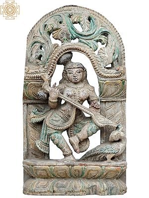 18" Goddess Saraswati Dancing And Playing Sitar Wooden Statue