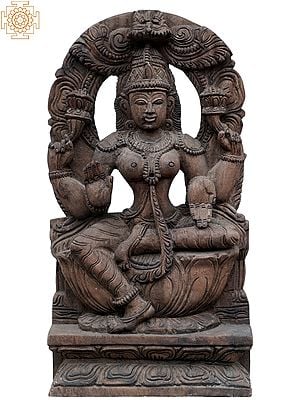18 Wooden Goddess Lakshmi Seated On Lotus Statue