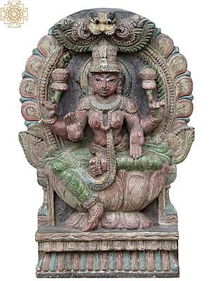 18" Wooden Goddess Lakshmi Seated On Louts Throne