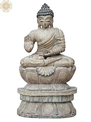 17" Lord Buddha Idol Sitting on Lotus | Wooden Statue