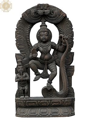 18" God Krishna Idol Killing Kaliya Naag | Wooden Statue
