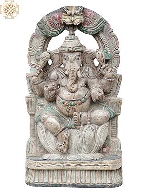 18" God Ganesha Idol on Lotus | Wooden Statue
