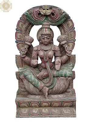 18'' Traditional Coloured Lakshmi Seated | Wooden Statue