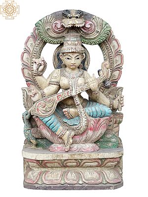 18'' Traditional Coloured Saraswati Playing Sitar | Wooden Statue
