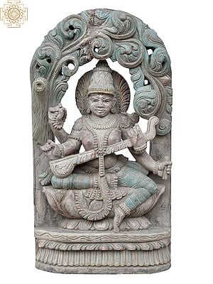 18'' Traditional Coloured Saraswati Seated On Pedestal | Wooden Statue