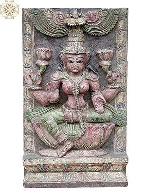 18'' Pink Coloured Lakshmi Seated On Throne | Wooden Statue