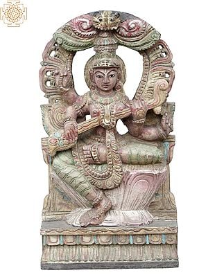 18'' Colourful Goddess Saraswati Playing Sitar | Wooden Statue