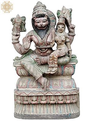 18'' Colorful Hindu Deities Lakshmi Narasimha Seated | Wooden Statue