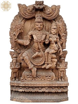 25'' Finely Carved Shiva Parvati Seated Together | Wooden Statue