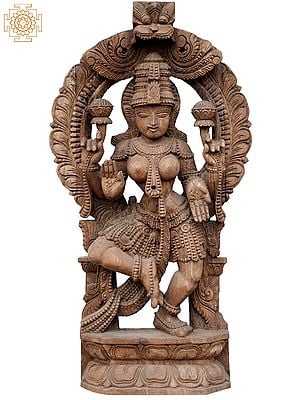 30'' Hindu Goddess Lakshmi Dancing On Pedestal | Wooden Statue