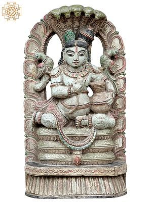 18'' Hindu God Butter Krishna Seated On Sheshnag | Wooden Statue