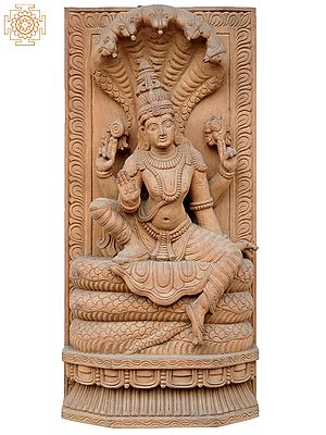 18'' Finely Carved Vishnu Seated On Sheshnag | Wooden Statue