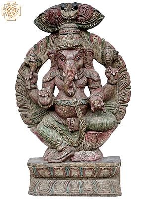 24'' Traditional Colour Hindu God Ganesha | Wooden Statue