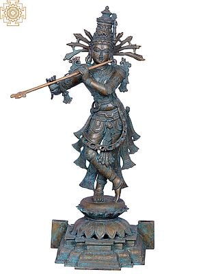 22'' Hindu God Krishna Dwarkadhish Playing Flute | Bronze