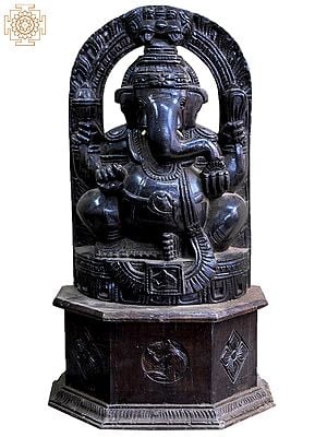 17" Sitting Chaturbhuja Lord Ganesha with Kirtimukha | Wooden Statue