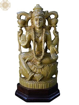 15'' Wooden Statue of Mahalakshmi Seated on Lotus Throne