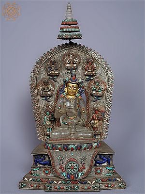 16'' Buddhist Deity Vajrasattva With Stone Work From Nepal | On Royal Throne | Crystal With Silver