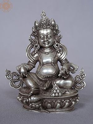 5'' Hindu God Crowned Kubera Seated On Base | Silver Statue