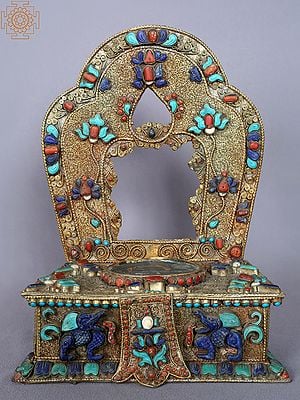 11'' Royal Throne With Stone Work From Nepal | Copper Gilded With Gold