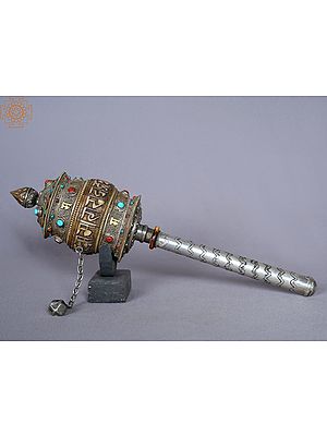 13'' Prayer Wheel With Stone Work From Nepal | Silver Handicrafts