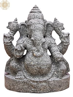 10'' Lord Ganesha With Mushak Carved In Pedestal | Granite Stone Statue