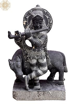 19'' Lord Krishna Playing Flute | Granite Stone Statue