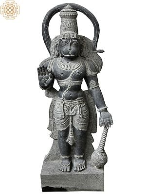 37'' Large Finely Carved Lord Hanuman With Gada | Granite Stone Statue