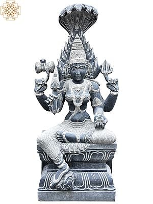 49'' Large Finely Carved Goddess Mariamman With Sheshnag | Granite Stone Statue