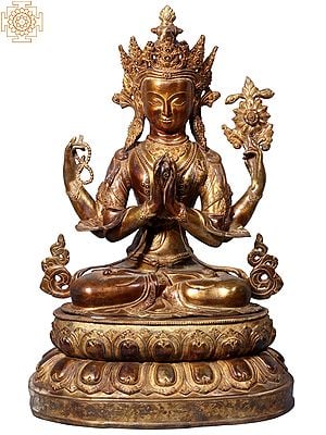 27'' Four Hand Chenrezig In Meditation From Nepal | Copper Statue
