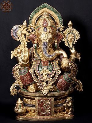 23'' Hindu God Ganesha Seated On Om Throne | Fine Stone Work