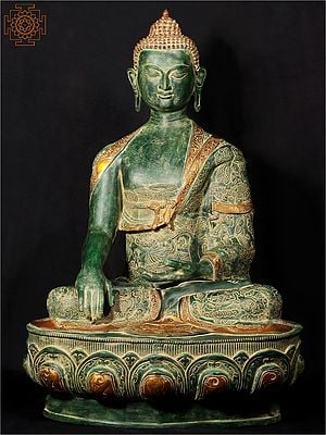 33'' Buddha In Bhumisparsha Mudra With Life Story Engraved | Brass Statue