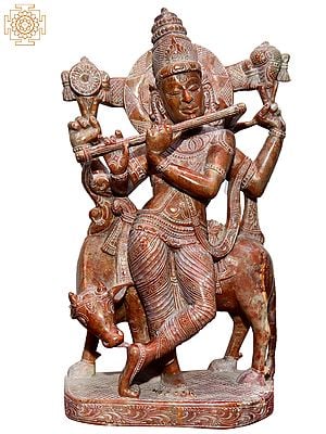 10'' Four Hand Shri Krishna Playing Flute | Stone Statue