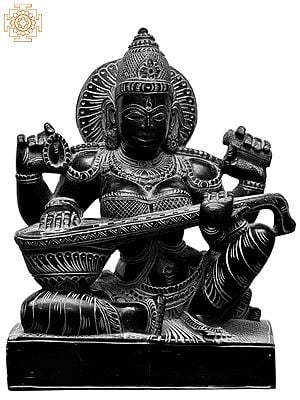 6'' Hindu Goddess Saraswati Playing Veena | Kadappa Stone