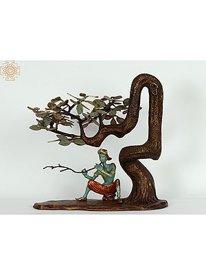 18" Lord Krishna Playing Flute Under The Tree | Original Bronze Sculpture