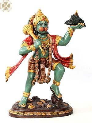 26" Brass Colorful Lord Hanuman Carrying Mountain of Sanjeevani Hurbs