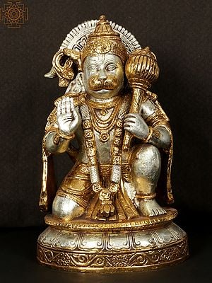 10'' Seated Blessing Hanuman On Base | Brass Statue