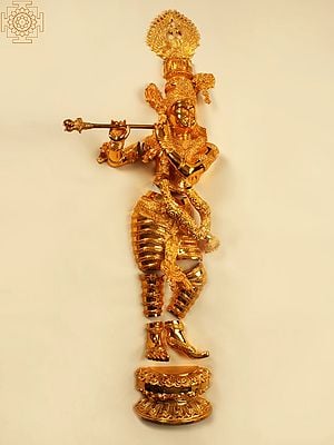54" Lord Krishna Playing Flute | Brass with Gold Plated Wall Hanging Statue