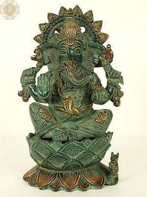 10'' Four Hand Ganesha Seated On Lotus | Brass Patina